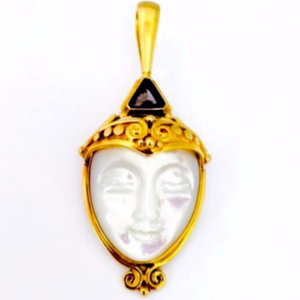 18K Yellow Gold Carved Moonstone Face and Triangul